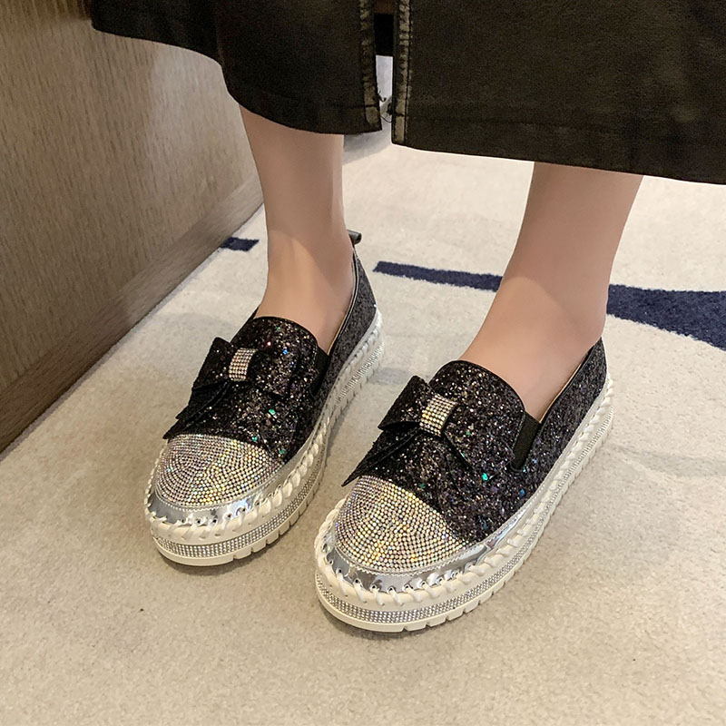 Luxury Designer Shoes Ladies Flat Sequined Sneakers Casual Women's Mesh bow Fine Diamond Sequins Platform Vulcanized Shoes High quality flat shoe