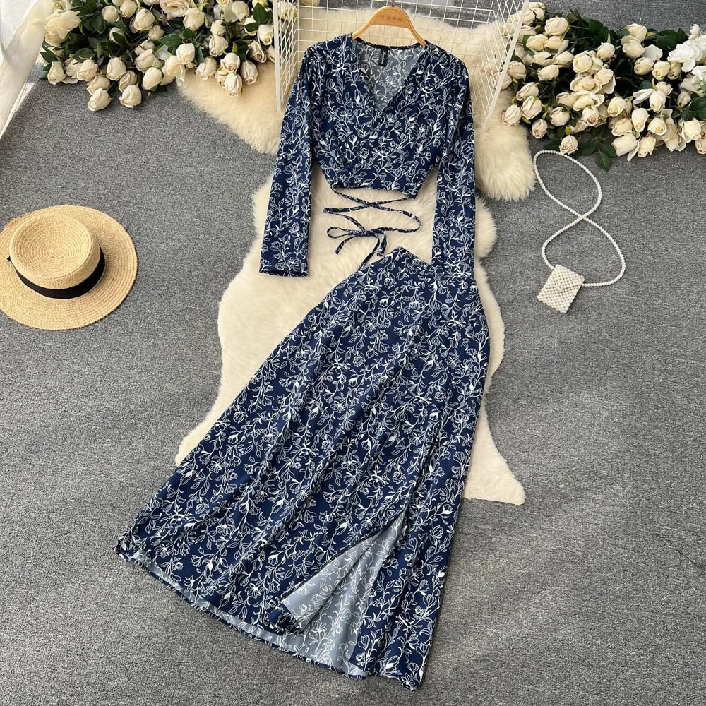 Women Chiffon Vacation Bohemian Two Pieces Suits Summer Lace Up Top Split Long Skirt Sets Y2K Floral Print Beach 240423