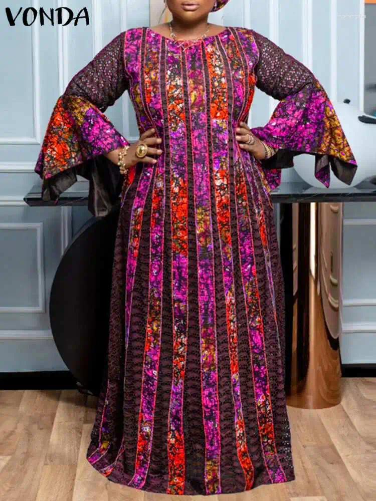 Casual Dresses VONDA Women Summer Party Maxi Dress 2024 Spring Long Flare Sleeve Oversized Vintage Printed Sundress Robe Femme