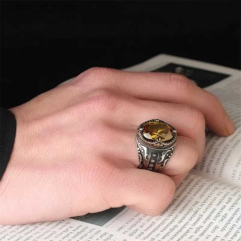 Band Rings Vintage Handmade Turkish Signet Ring for Men Trendy Silver Color Carving Pattern Inlay Multicolour Zircon Punk Motor Biker H240424