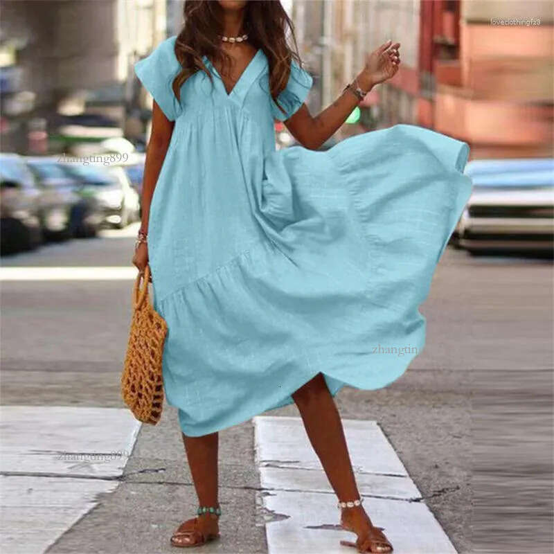 Casual Dresses Large Size Loose V Neck Pullover Cotton Linen Female Summer Short Sleeve Splicing Big Hem Dressy Women Solid Color Gown