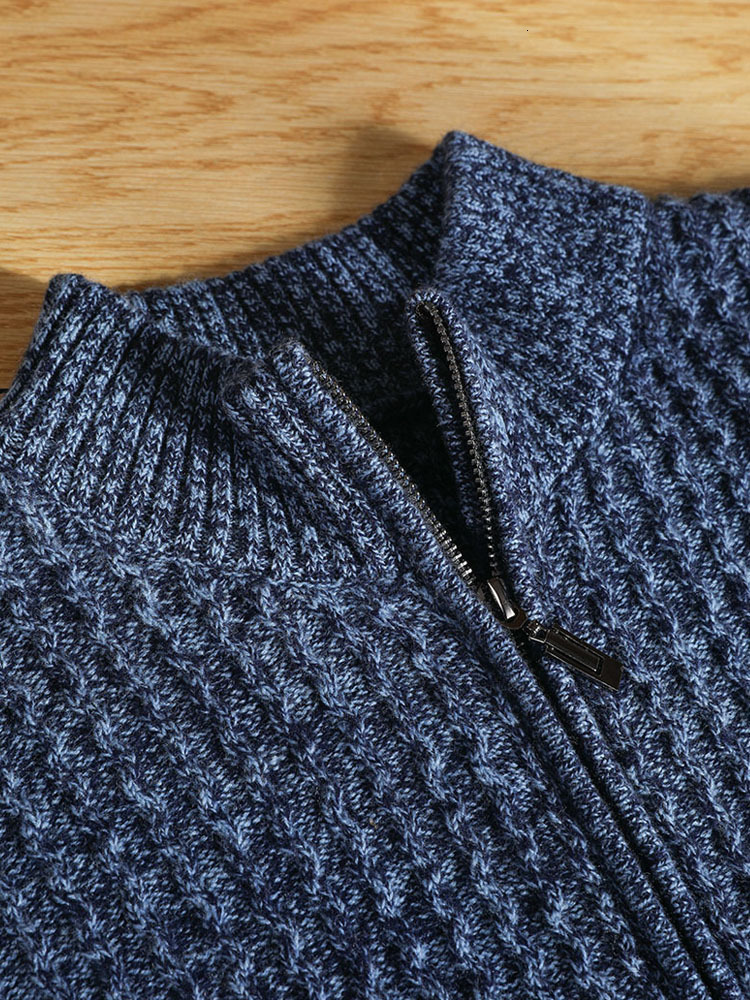 Men's 100% Wool Cardigan - Stand Collar Zipper Jacket, Jacquard Knit, Business Casual, Thick Sweater Coat