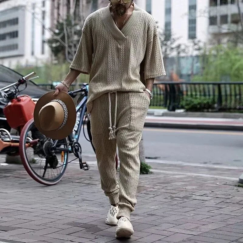 Men Knit Suit VNeck Short Sleeve Tops And Pants Slim Fit Two Piece Set Fashion Streetwear Casual Solid Jacquard Sweater Outfits 240415