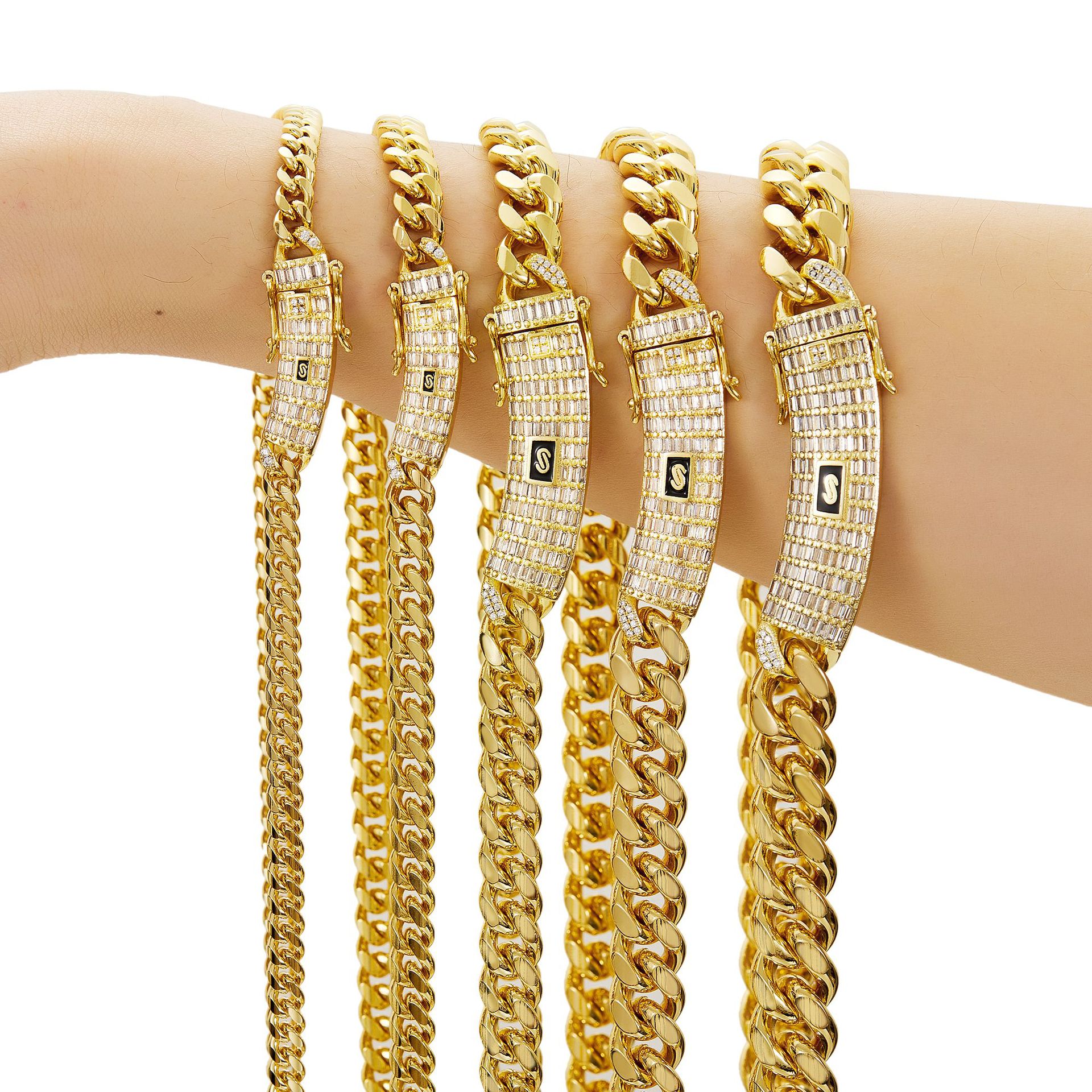 6-14mm Solid Stainless Steel Miami Cuban Chain Necklace Bracelets T Zircon Long Clasp 14K Gold Plated Jewelry
