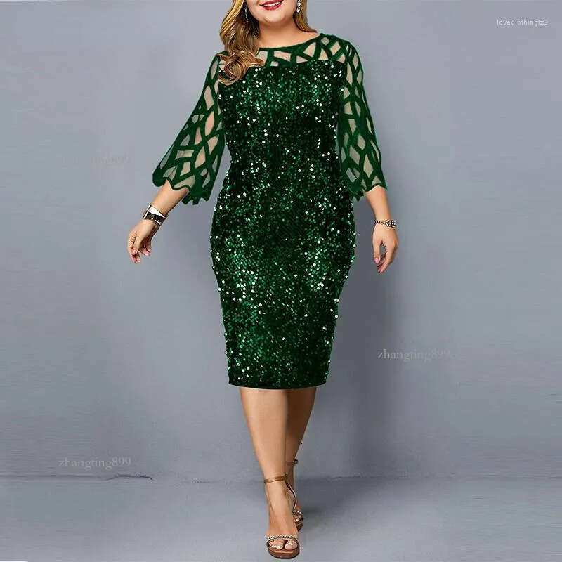 Casual Dresses Elegant Sequin Long Sleeve Plus Size Women Midi Dress Sexy Evening Party Wedding Luxury Robe Rouge Vestido