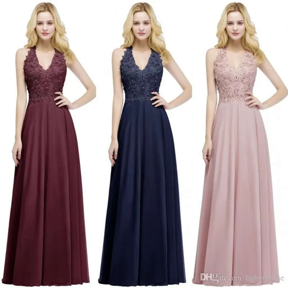Newest Lace Chiffon Evening Elegant Sleeveless A Line V Neck Sequins Beaded Top Prom Gowns Bridesmaids Dress Cps912