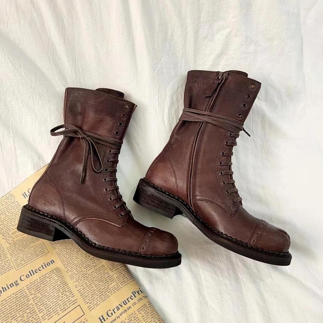 Women's Ankle Lace-up Girl Cowboy Motorcycle Trend New Rock Punk Fashion Low Heel Designer Shoes Round Toe Leather Boots 675f