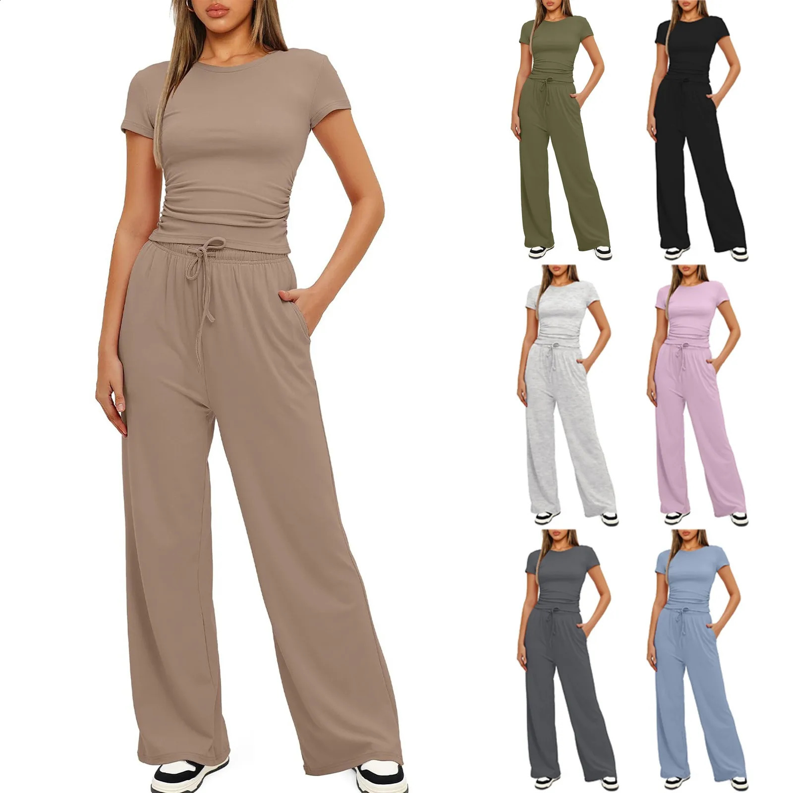 Womens 2 Piece Outfits Lounge Sets Ruched Short Sleeve Tops and High Waisted Wide Leg Pants Tracksuit 240418
