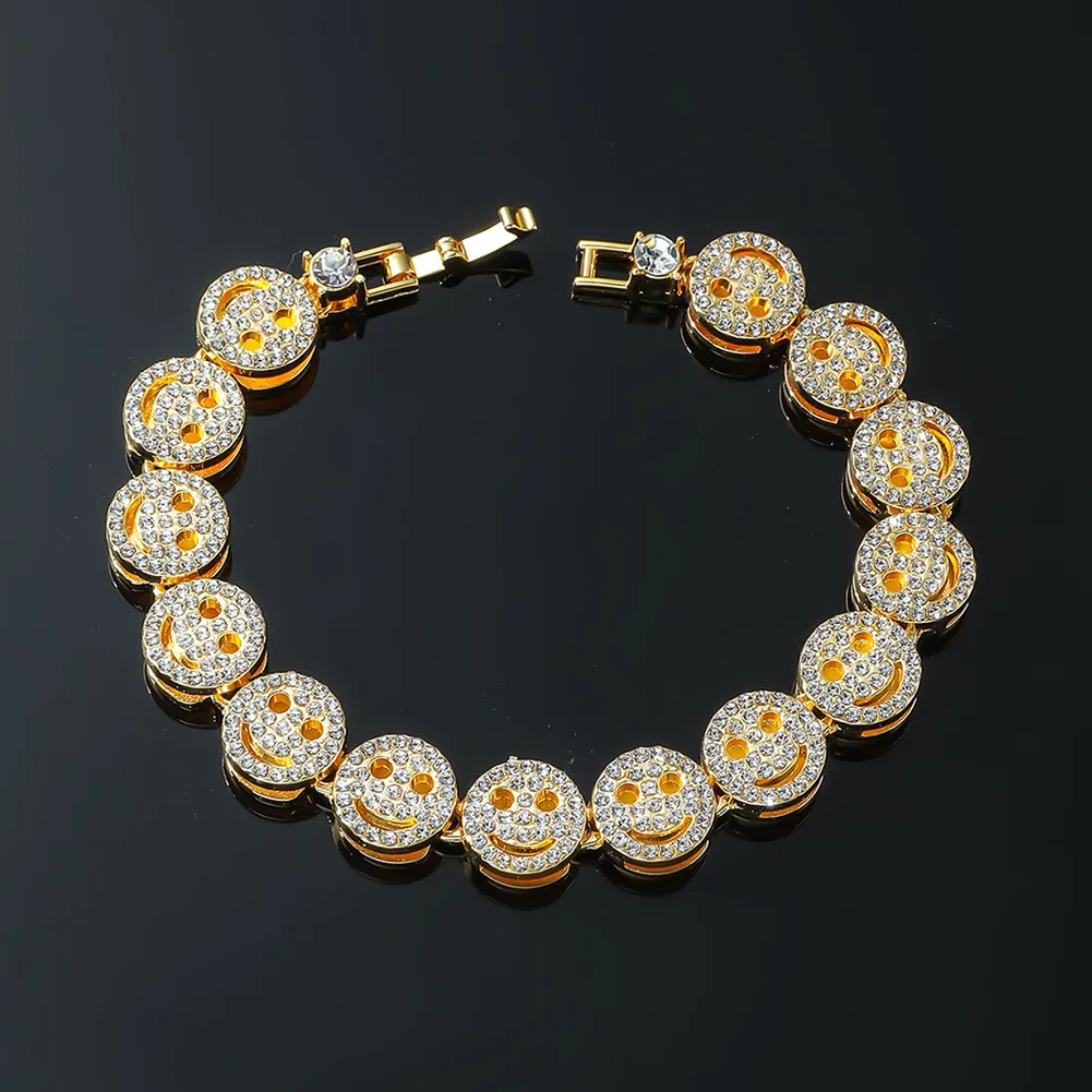 Men's Hip-Hop Style Smiling Face Charm Bracelet with Full Diamond Crystals - 18k Gold & Silver Plated