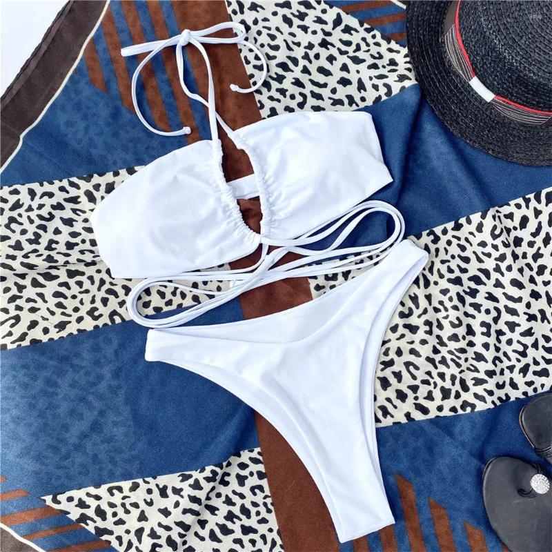 Womens Swimwear Sexy Halter Lace Up Wrap Around Bikini Female Swimsuit Women Two-pieces Set Bather Bathing Suit Swim Lady K3017