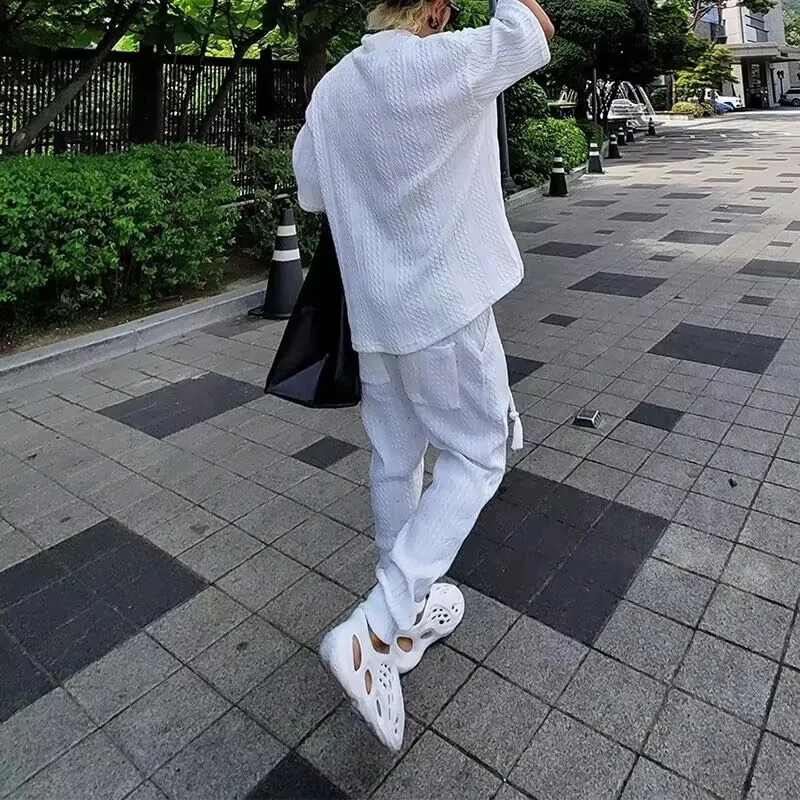 Men Knit Suit VNeck Short Sleeve Tops And Pants Slim Fit Two Piece Set Fashion Streetwear Casual Solid Jacquard Sweater Outfits 240415