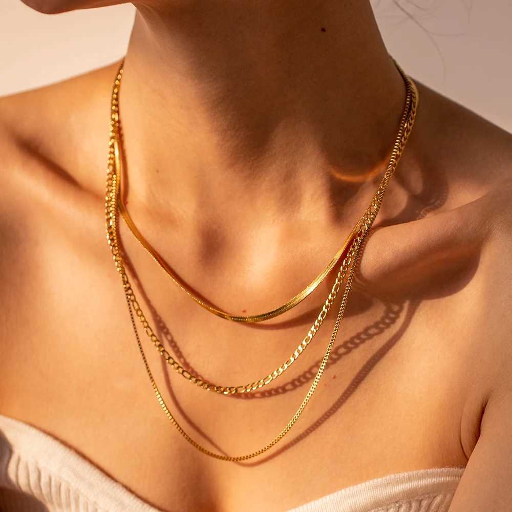 18K Gold Plated Stainl Steel Flat Snake Chain With Letter Triple Layered Necklace Vintage Luxury Women Tarnish-proof ChainX241123
