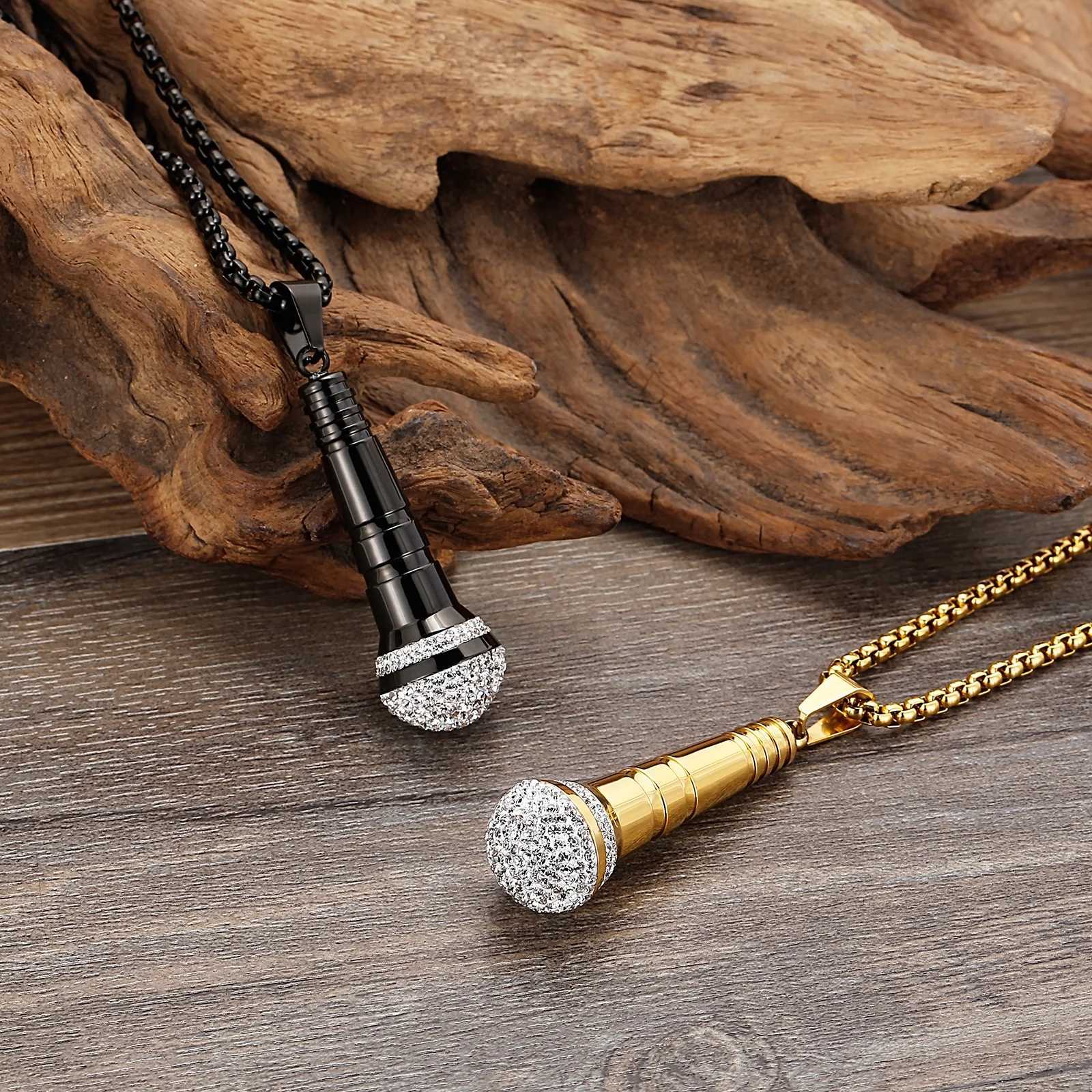 HAOYI Microphone Pendant Necklace Men 18K Gold Color Fashion Hip Hop Rhinestone Hhigh-end Stainl Steel Jewelry Onlyfans GiftX241123