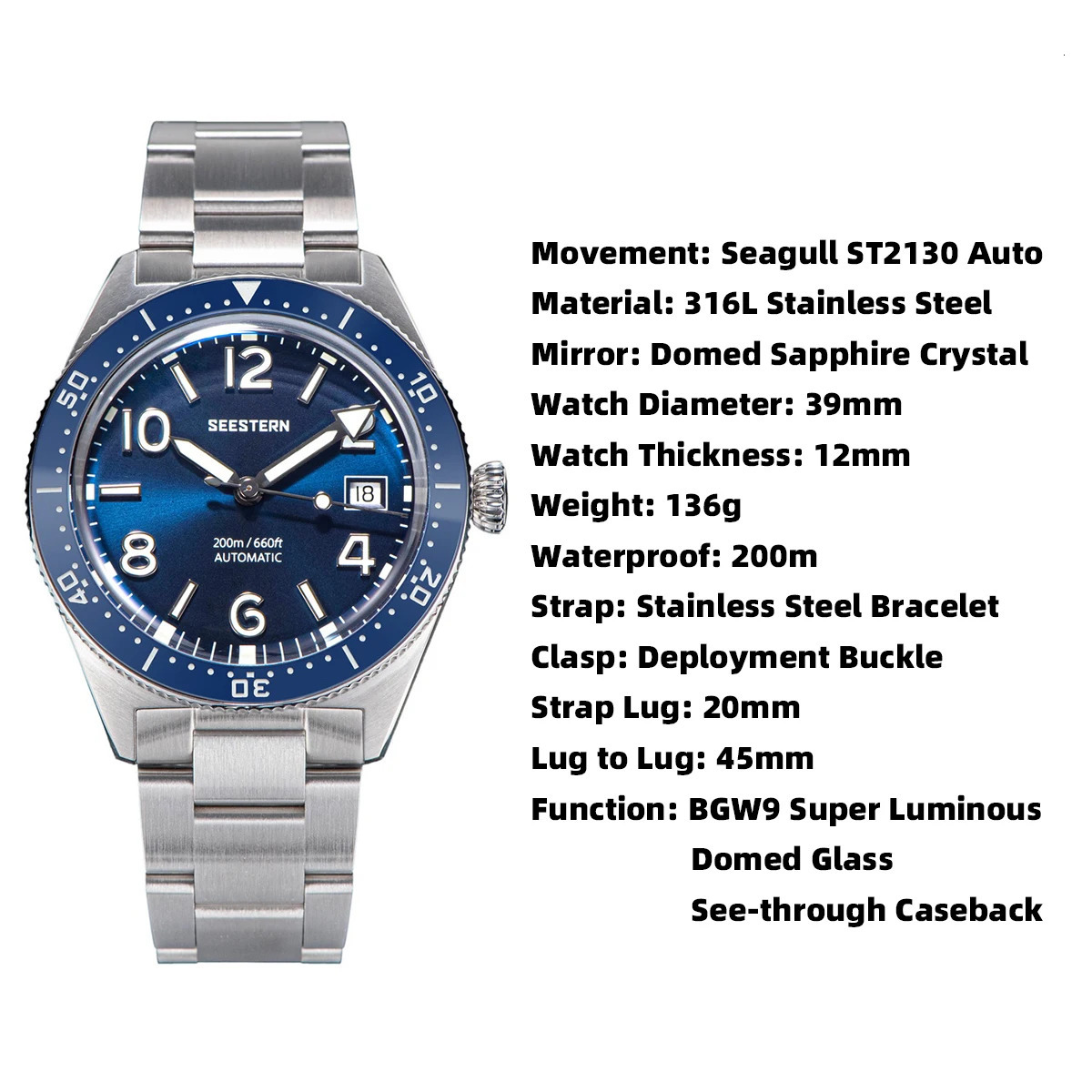 SEESTERN Diving Watch of Men Automatic Mechanical Wristwatches Seagul ST2130 Movement 20bar Waterproof Luminous Domed Crystal 240419