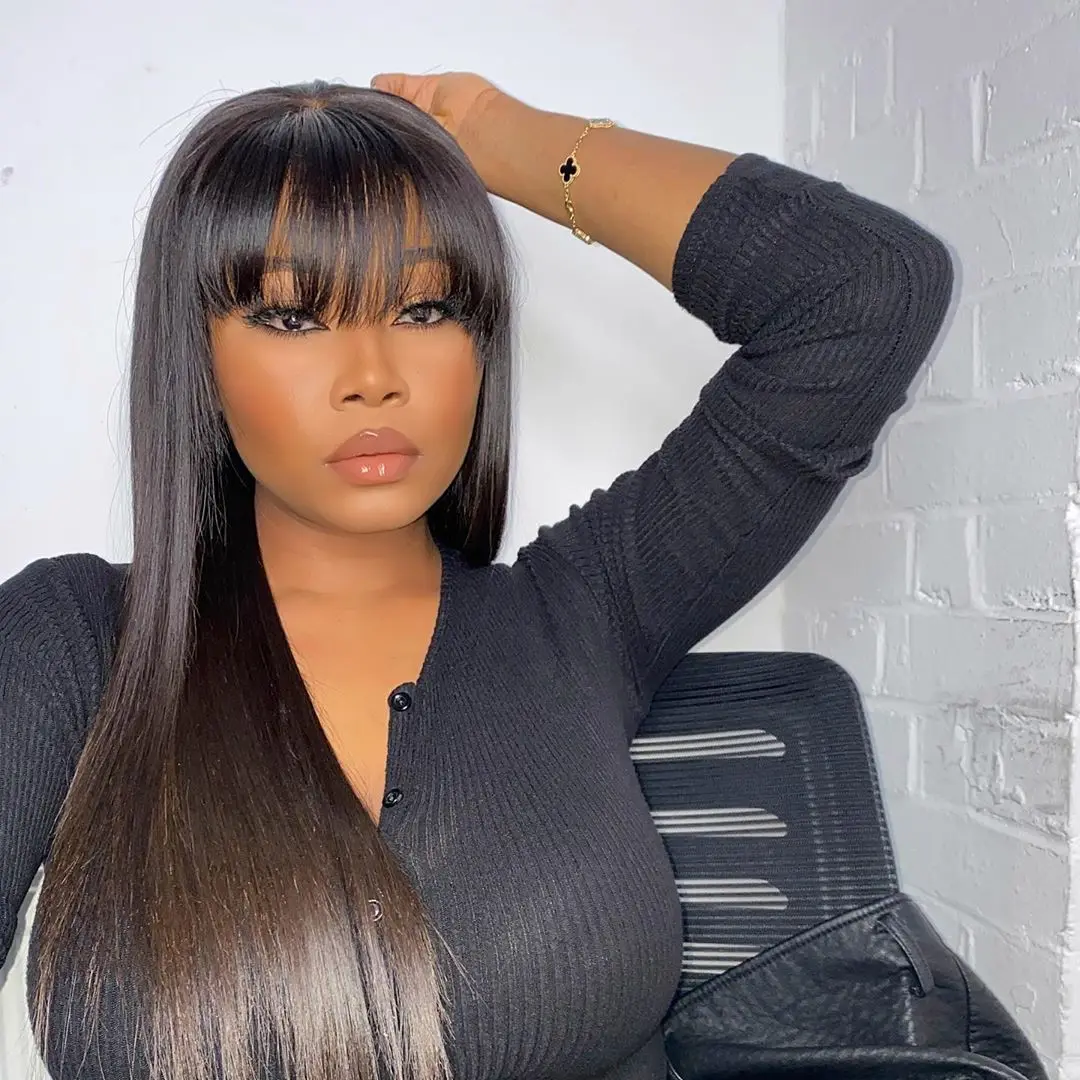 180density Brazilian Hair Middle Part StraightWig with Bangs Simulation Human Hair Wigs Glueless Black Wig Full Lace Front Wig for Women