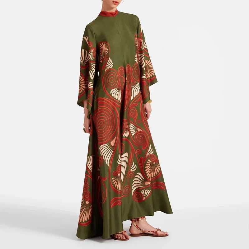 Ethnic retro spring printed Bohemian long dress sexy lace stand up lace party dress autumn long Sve loose womens long dress M241123