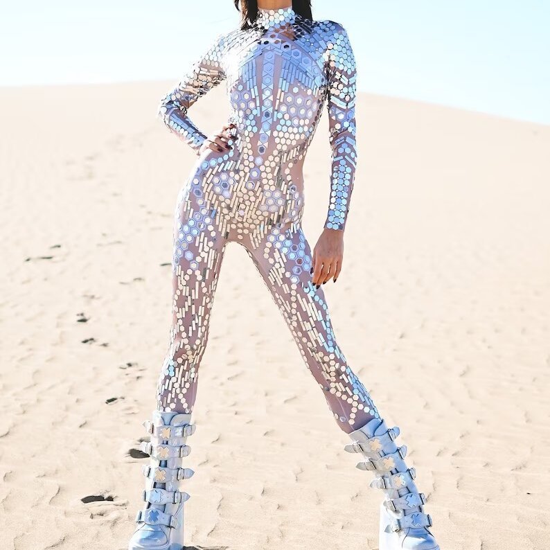 Stage Wear Women's Long Sleeve High Neck Backless Jumpsuit with Gifted Head Cover For Party Water Diamond Sequin Jumpsuit cosplay