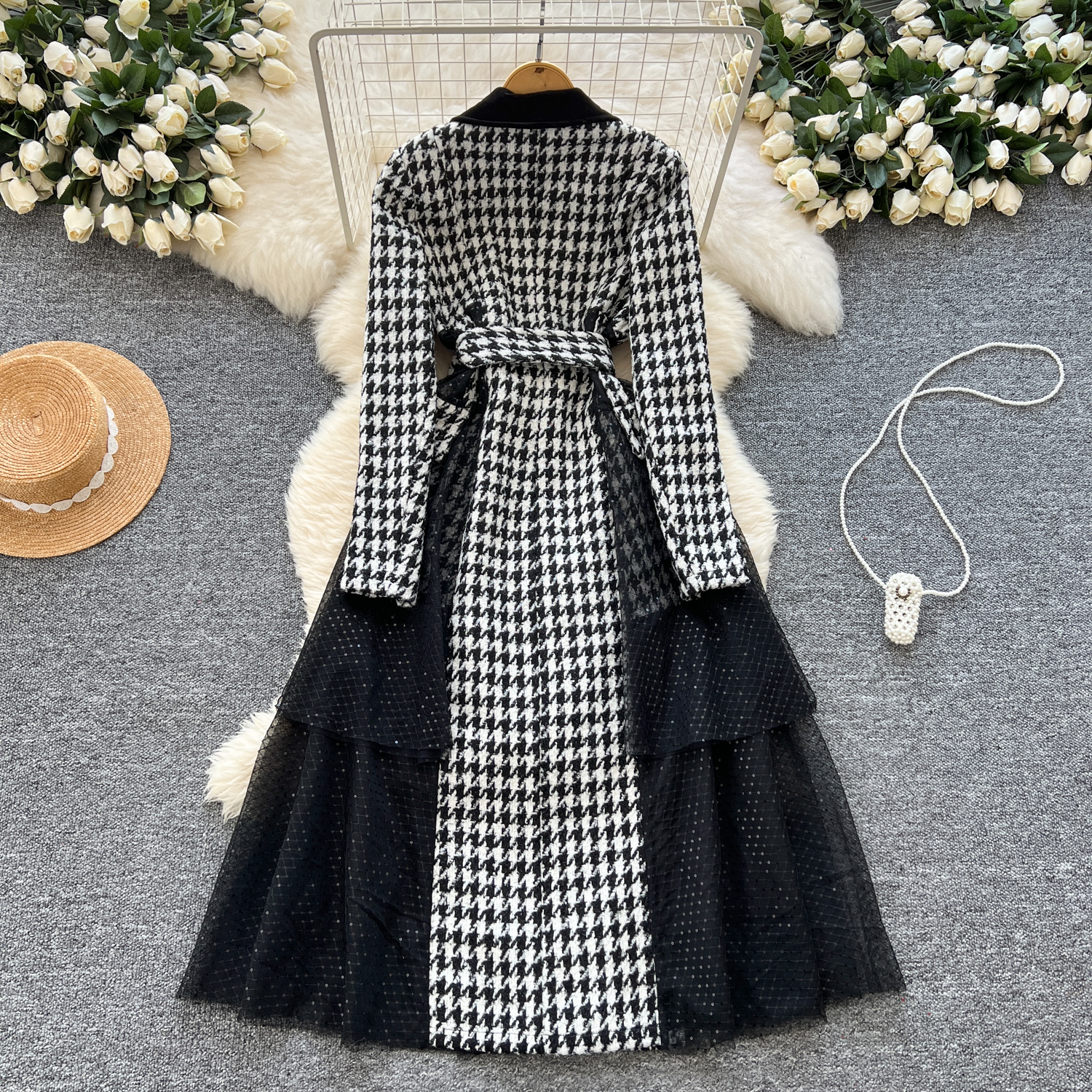 Outerwear Fashion Designer Sequins Mesh Spliced Overcoat Autumn Winter Women's Single Breasted Houndstooth Belt Tweed Wool Long Coat