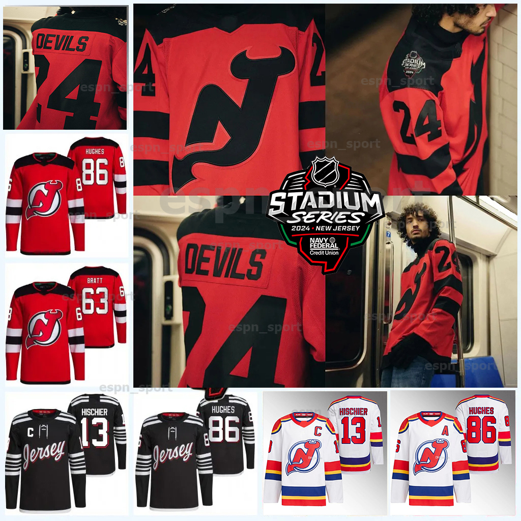 Nico Hischier 2024 Stadium Series Devil Jersey NY Dawson Mercer Vitek Vanecek Jesper Bratt Jack Hughes Brendan Smith Alexander Holtz Miles Wood Erik Haula John