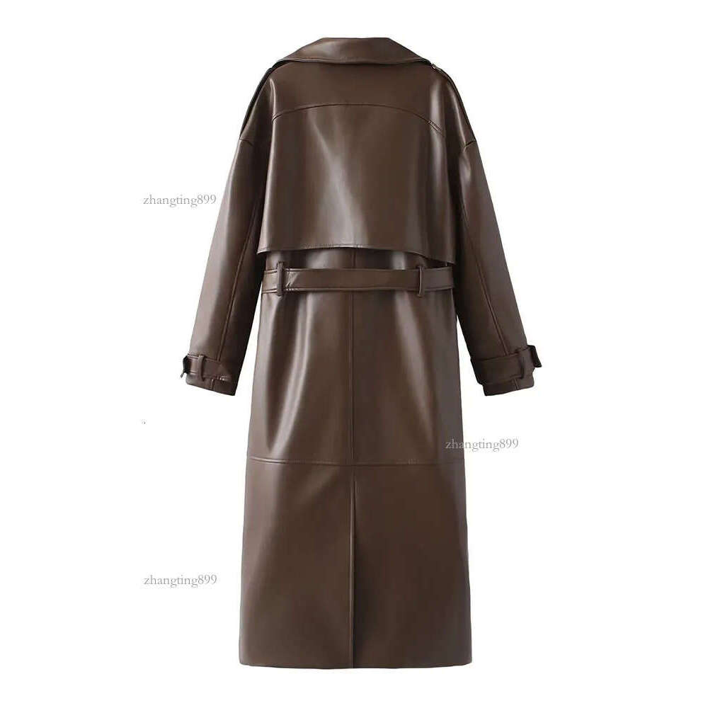 Women's Trench Coats 2024 Chic Burgundy Lace Up Oversized Leather Long Elegant Double Breasted Luxury Solid Jackets Lady Outerwear