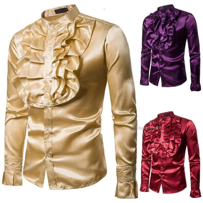 Men's Dress Shirts Autumn Arrival Mens Slim Frill Ruffle Stand Collar Fancy Clothing Wedding Party Stylish Formal Shirt Tops S-2XL - view 3