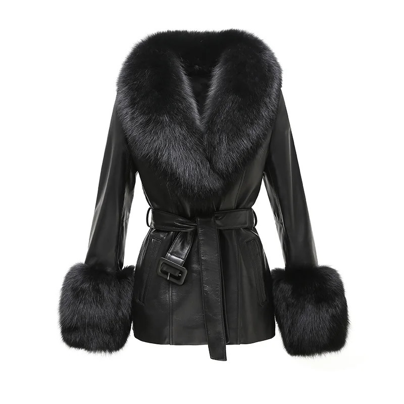 Autumn Winter Fox Fur Collar Real Leather Jacket Women Lady Streetwear Coats FG5077 241121