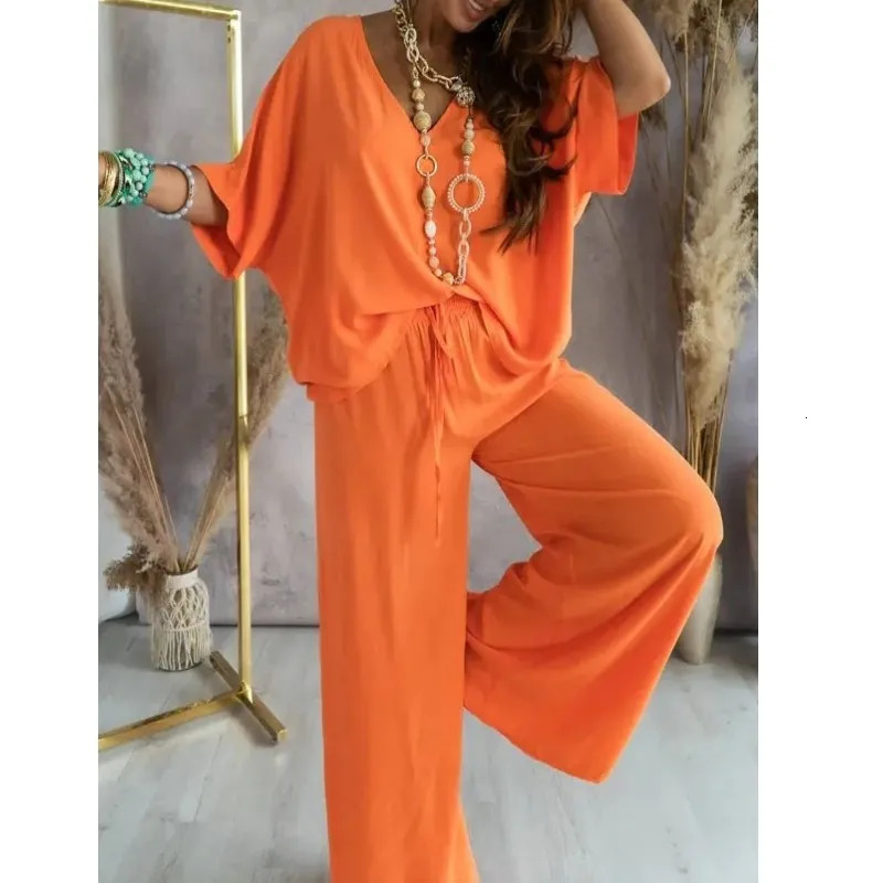 Elegant Womens T-shirt Long Pants 2 pcs Set Summer V-neck Bat Sleeve Loose Hollow Top Casual LadySuit S-XXL 240418