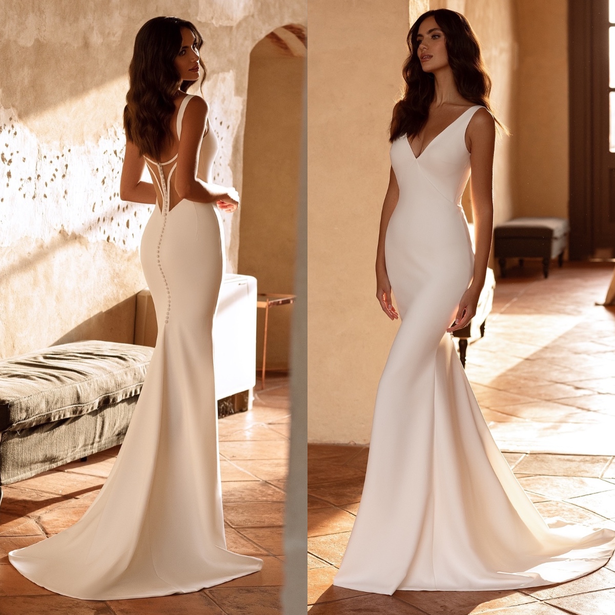 Modern Sexy Satin Mermaid Dresses Bridal Gowns V Neck Wedding Dress Sheer Button Back Sweep Train Robe De Mariee