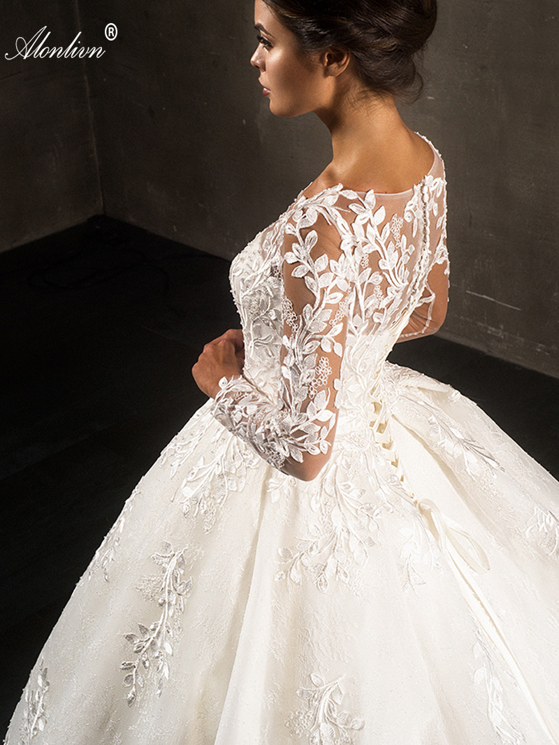 Gorgeous Appliques Lace Scoop Full Sleeves Ball Gown Wedding Dress Beading Pearls floral patterns Long Train princess Bridal Gowns With Multi-layered 