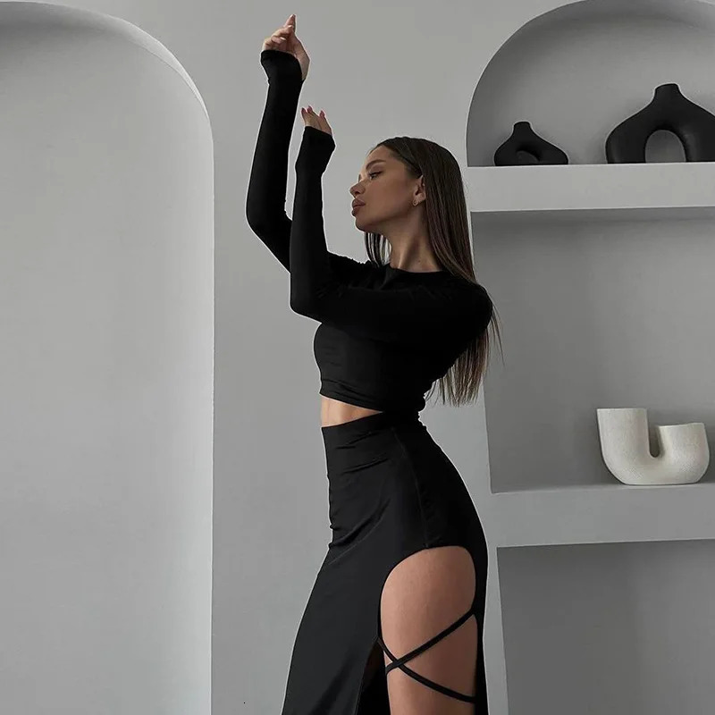 Summer Fashionable Two Piece Dress Set Long Sleeved Split Skirt Suit For Women Hollow Out Skinny Elegant Dresses 240423