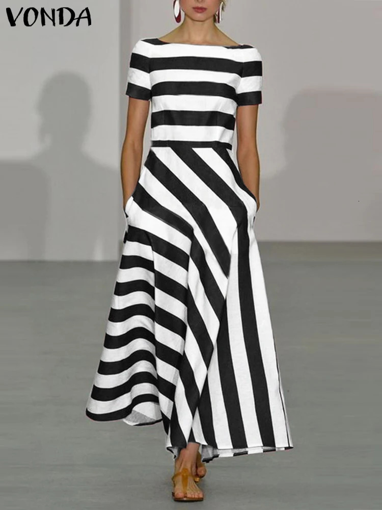 VONDA 2024 Women Sexy Off Shoulder Elegant Stripe Printed Maxi Dress Casual Loose Long Sundress Short Sleeve Bohemian Vestidos 240418