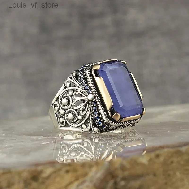 Band Rings Vintage Handmade Turkish Signet for Men Metal Silver Color Inlaid with Blue Zircon Party Punk Motor Biker Ring Jewelry H240424