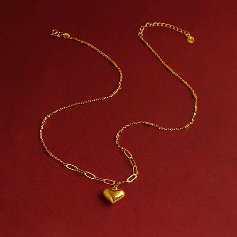 24K gold-plated r necklace simple polished heart-shaped hanging chain OL commuting jewelry 999 pure gold bracelet X241123