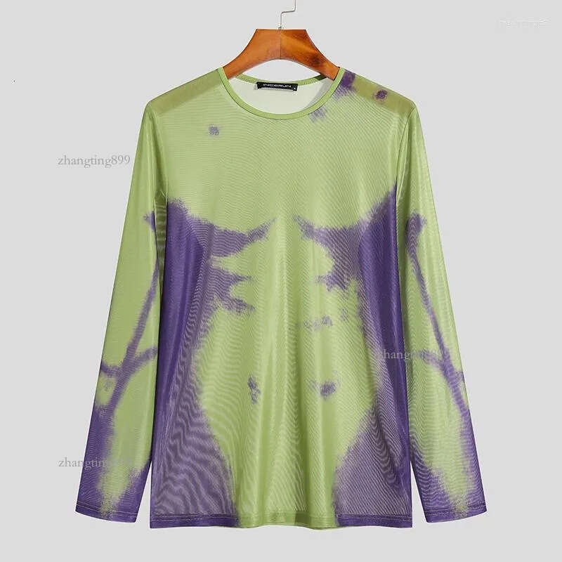 Men's T Shirts 2022 Fashion Men Shirt Printing O-neck Long Sleeve Mesh Transparent Streetwear Casual Camisetas Sexy Undershirt