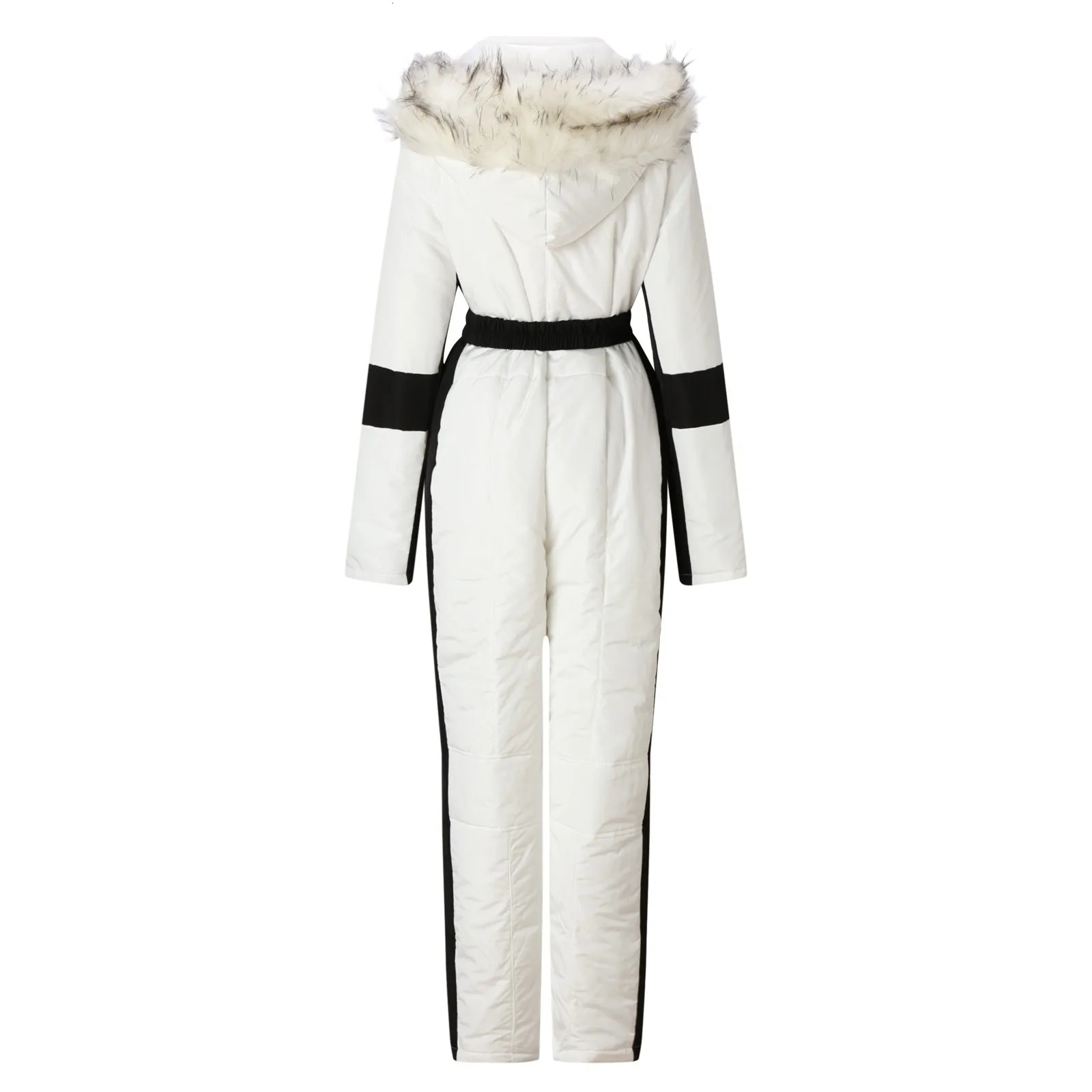 Fashion Winter Womens Hooded Jumpsuits Parka Cotton Padded Warm Sashes Ski Suit Straight Zipper One Piece Casual Tracksuits 241121