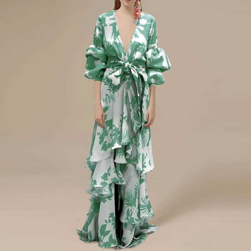 Womens Retro Printed Ruffle Party Dress Ele Deep V-neck Lantern Sve Long Dress Fashion Tie Waist Irregar Bohen Dress M241123