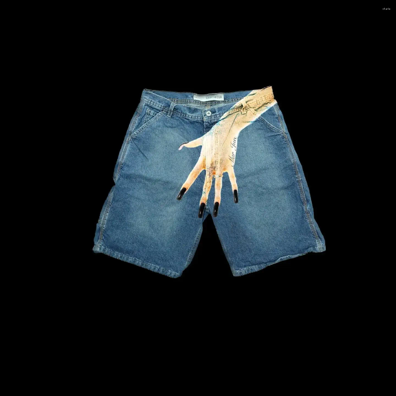 Men's Shorts Streetwear Shorts Y2K Pants Harajuku Hip Hop Finger Print Retro Blue Baggy Denim Gym Short Men Basketball Shorts Over Knee Pants
