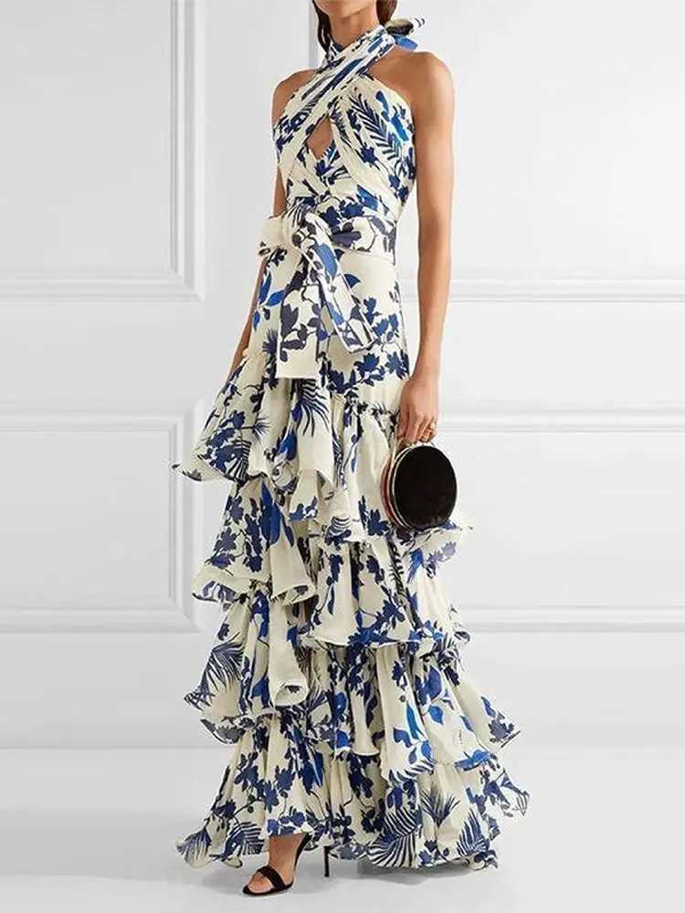 Ele Wens Printed Vestidos Strapless Neck Dress Fem Formally Wearing Aesthetic Layered Hem Party Dress M241123
