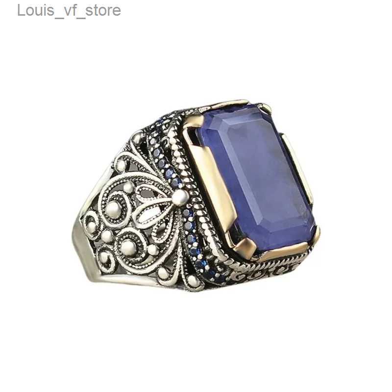 Band Rings Vintage Handmade Turkish Signet for Men Metal Silver Color Inlaid with Blue Zircon Party Punk Motor Biker Ring Jewelry H240424