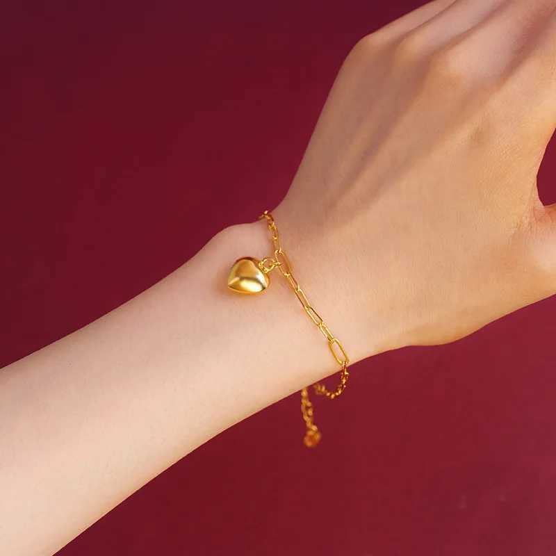 24K gold-plated r necklace simple polished heart-shaped hanging chain OL commuting jewelry 999 pure gold bracelet X241123