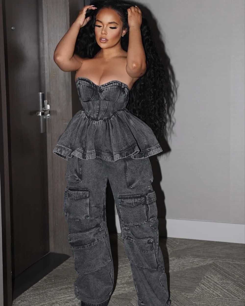 Niglub Party Denim Sexy Dress Solid Elastic Chest Packaging Zipper Mini Dress Summer Velvet Free Wrinkle Jeans M241123