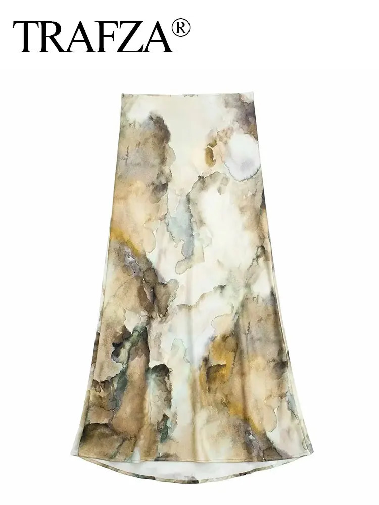 TRAFZA Spring Print Blouse Skirt Sets For Women Tie Dye Long Sleeve Shirts Top Slim Midi Skirts Suit Fashion Streetwear 240423