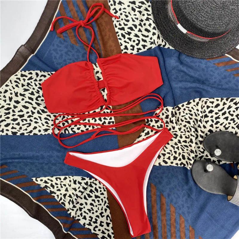 Womens Swimwear Sexy Halter Lace Up Wrap Around Bikini Female Swimsuit Women Two-pieces Set Bather Bathing Suit Swim Lady K3017