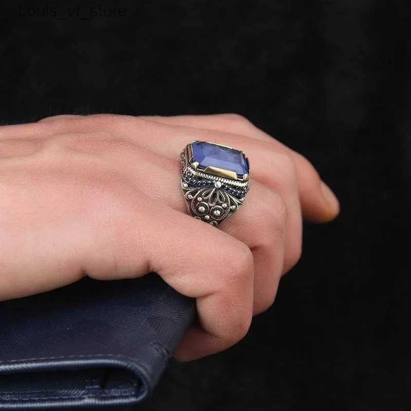 Band Rings Vintage Handmade Turkish Signet for Men Metal Silver Color Inlaid with Blue Zircon Party Punk Motor Biker Ring Jewelry H240424
