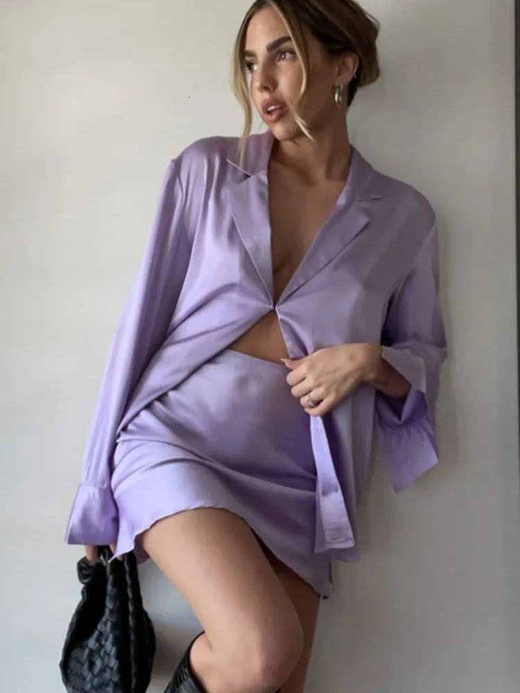 hirigin Women 2pcs Set Vintage Satin Long Sleeve Blouse Single Hook Tshirt Aline Shape Mini Skirt Elegant Lady Matching Suit 240423