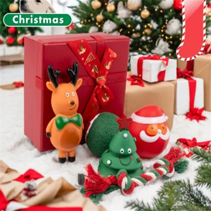 New Year Christmas Dog Stocking Toys Set with Squeaky Toys Santaelk Pet Dog Toy