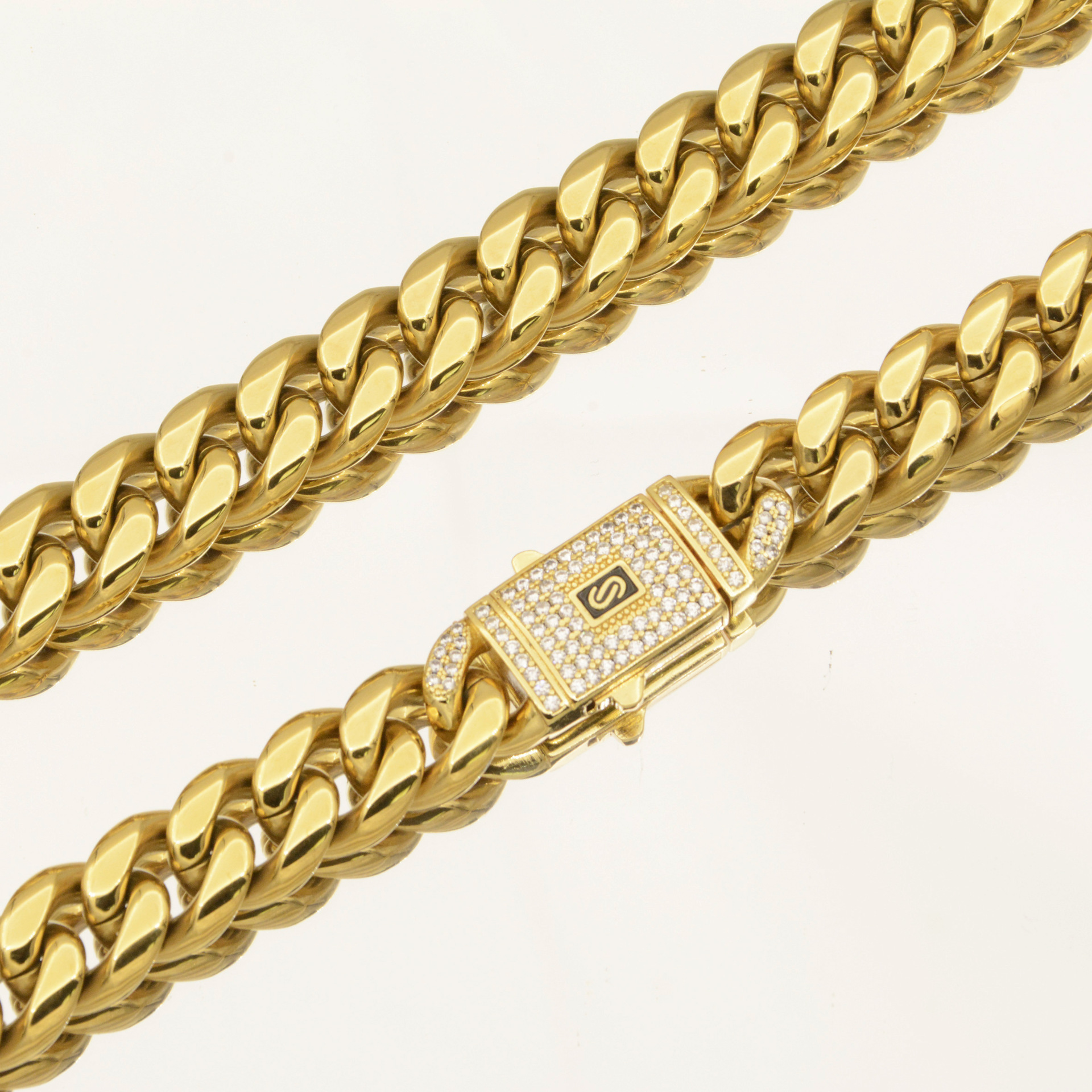 6-14mm Stainless Steel Miami Cuban Chain Zircon Copper Clasp 14K Gold Plated