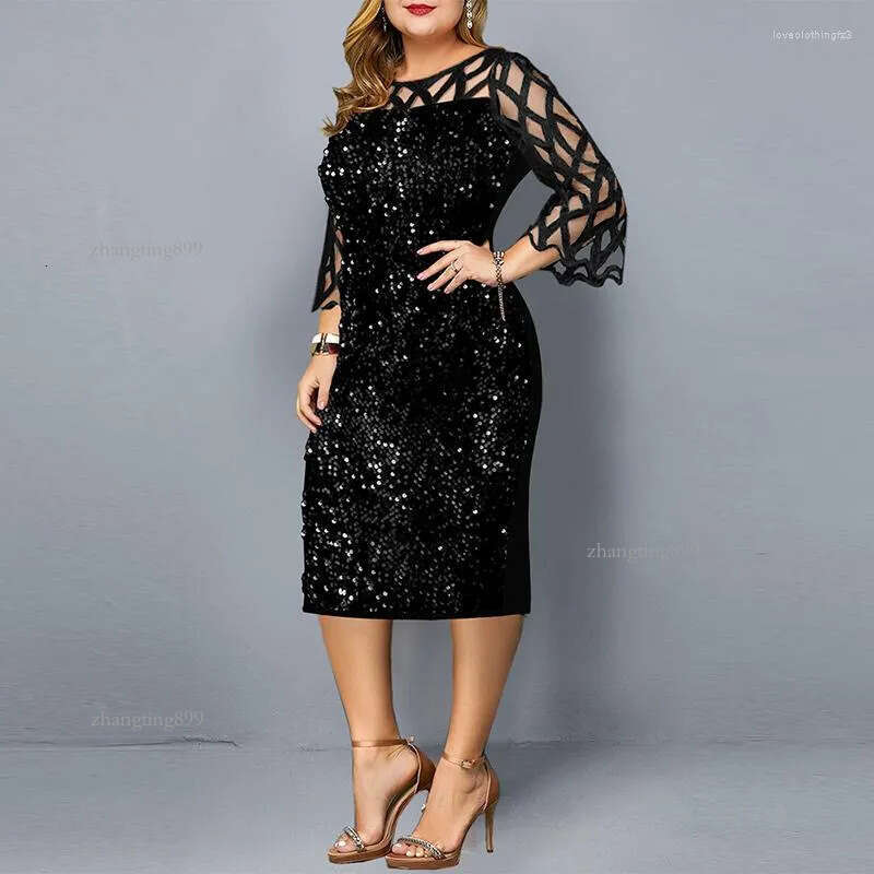Casual Dresses Elegant Sequin Long Sleeve Plus Size Women Midi Dress Sexy Evening Party Wedding Luxury Robe Rouge Vestido