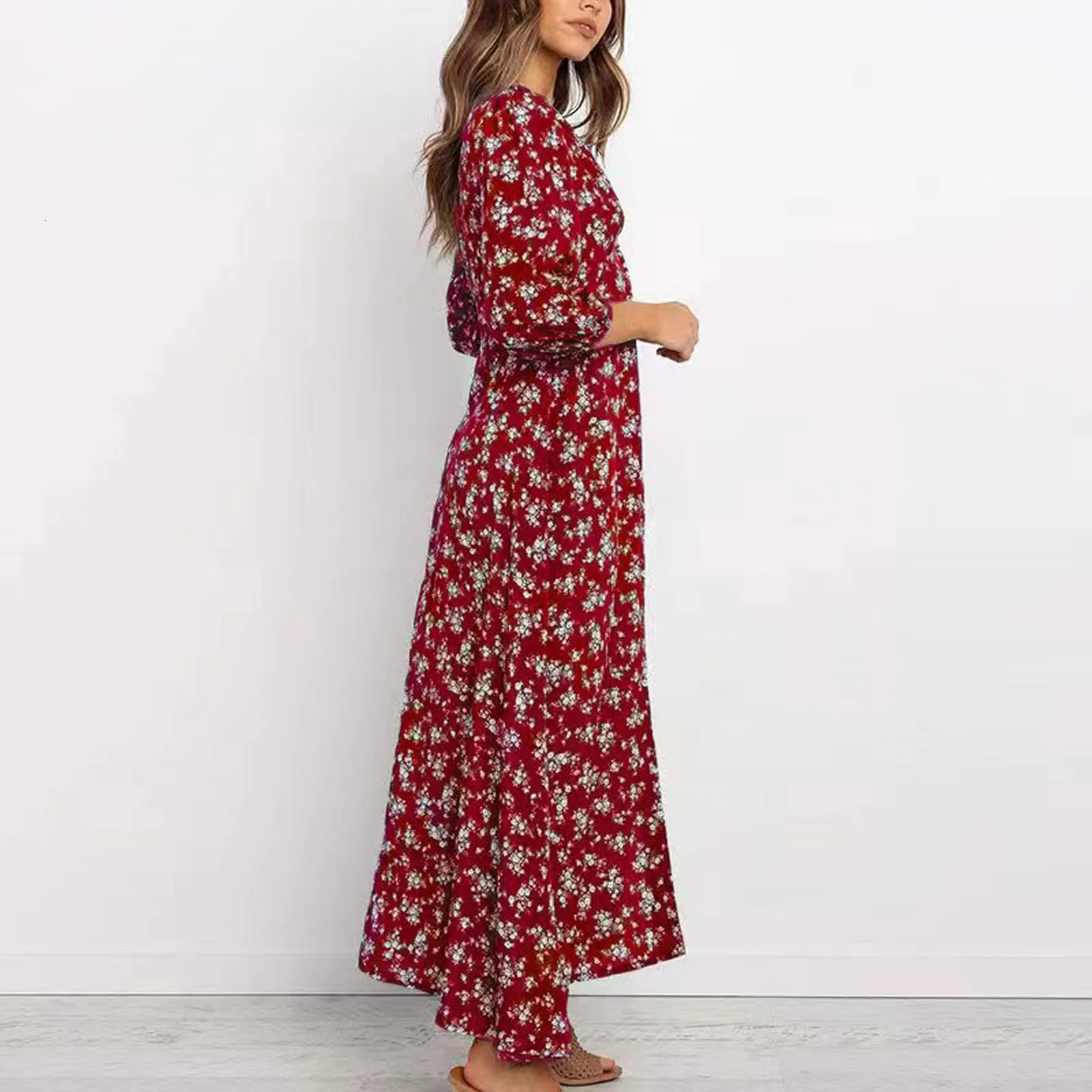 Womens Long Sleeve Bohemian Floral Maxi Dresses Loose Casual High Waist Boho Printed Dress Beach elegant womens dres 240419