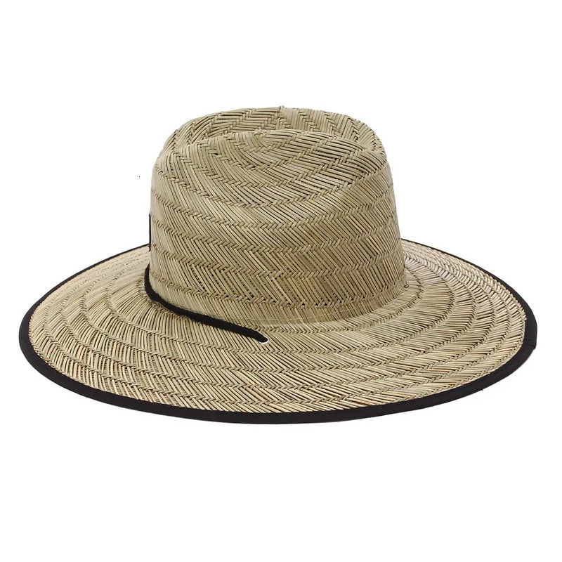 Wide Brim Straw Hat Mens Lifeguard Summer Protection Hat Black Side Outdoor Panama Hat 240419